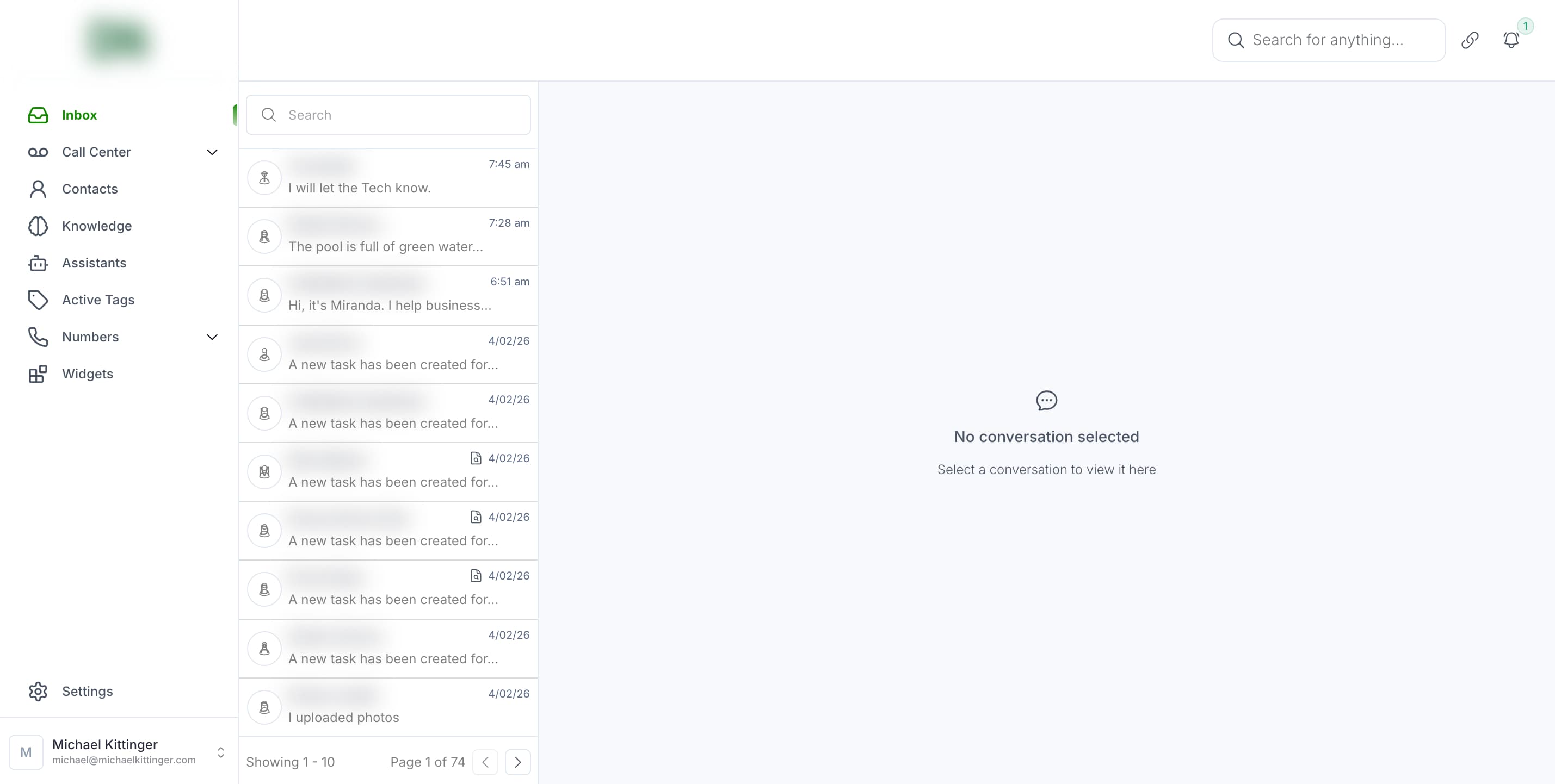 AI agent dashboard inbox showing pool service company customer conversations and lead handling