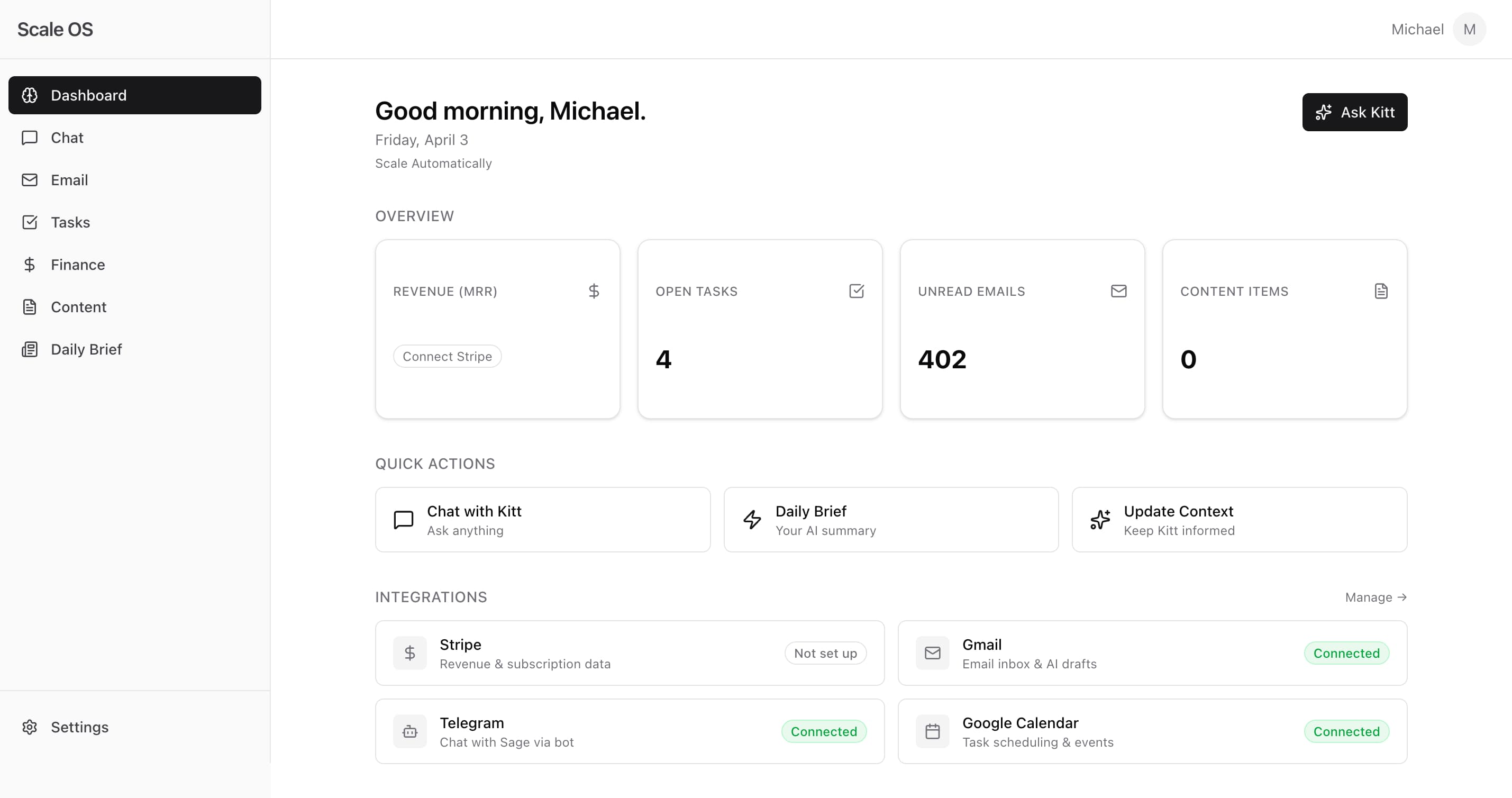 Scale OS dashboard — revenue, email, tasks, and Daily Brief in one view